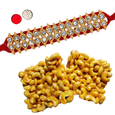 "Two Line Stone Studded Rakhi - SR-9100A (Single Rakhi), 250gms of KajuPakam - Click here to View more details about this Product